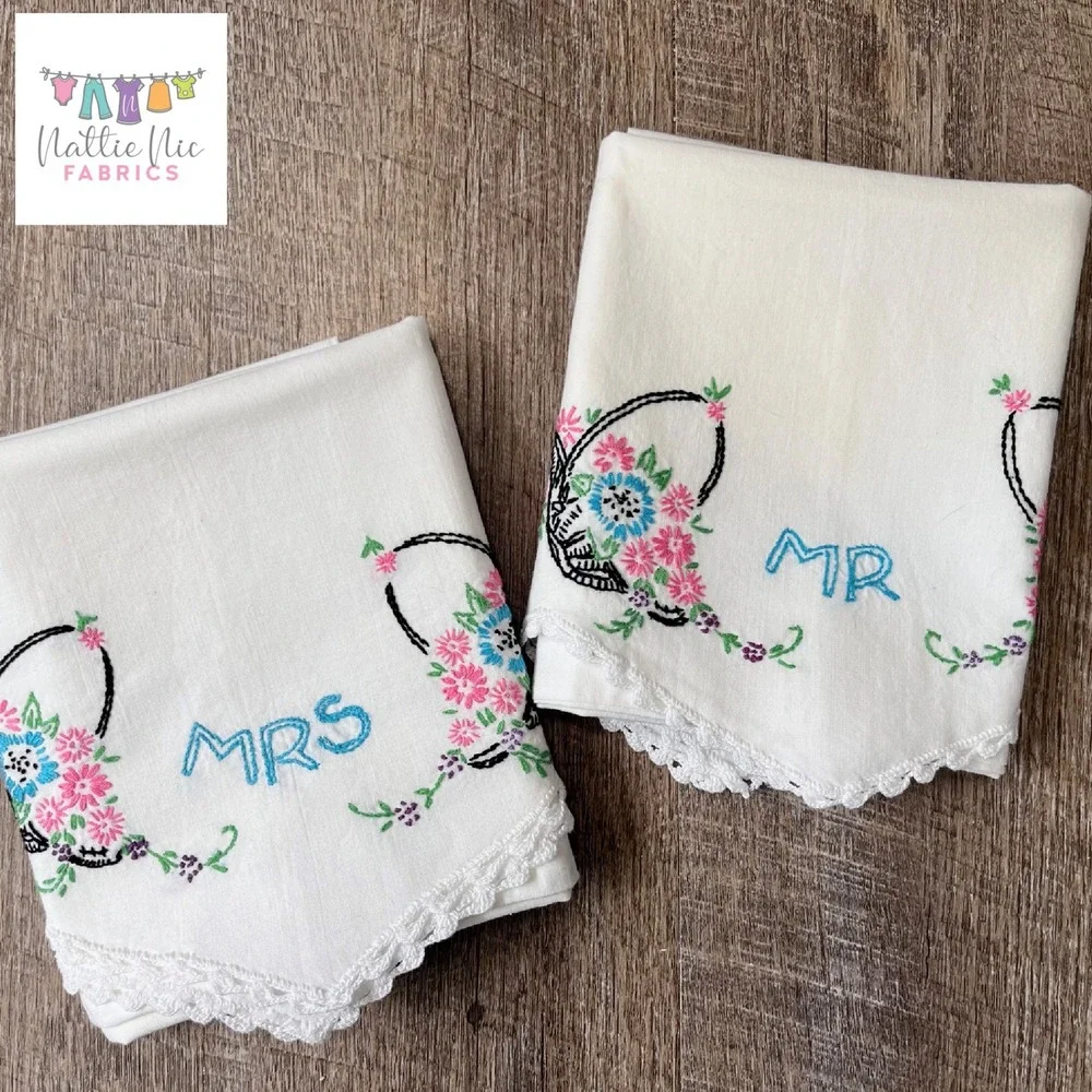 2 Vintage Embroidered Mr Mrs Pillowcases crochet trim, standard size, Springmaid